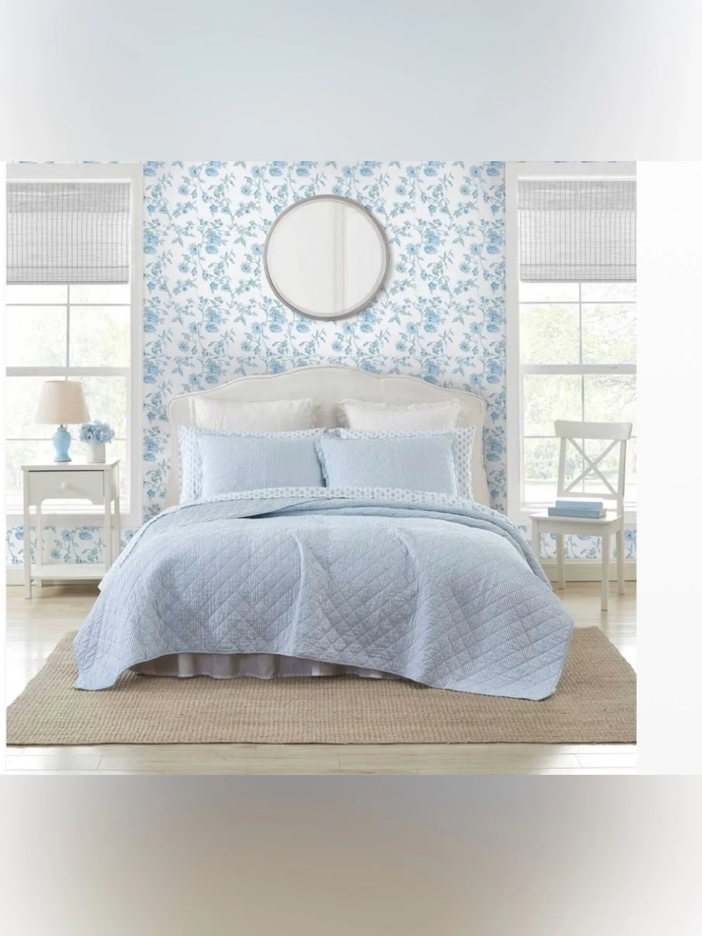 Charming Laura Ashley TWIN Oxford Striped Quilt Set Blue Pin Stripe ~ NEW